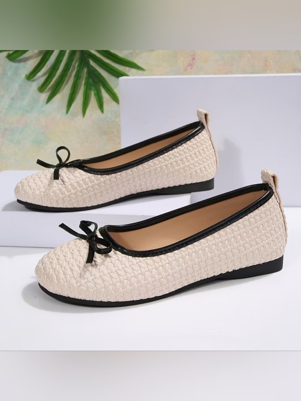 Woven Ballet Flats with Black Trim - Cream